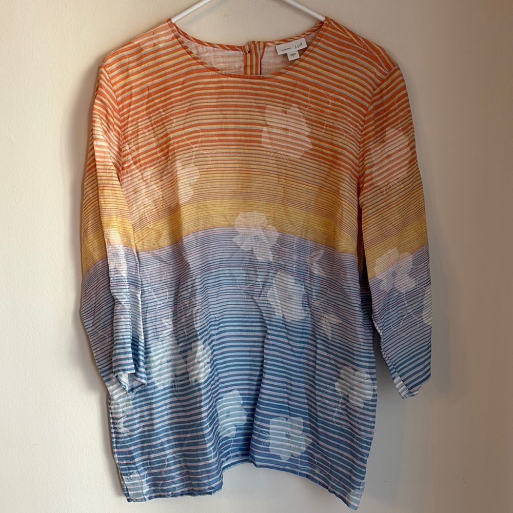 J. Jill Women Colorful 100% linen sunset floral colorblock ombré Top large EUC!